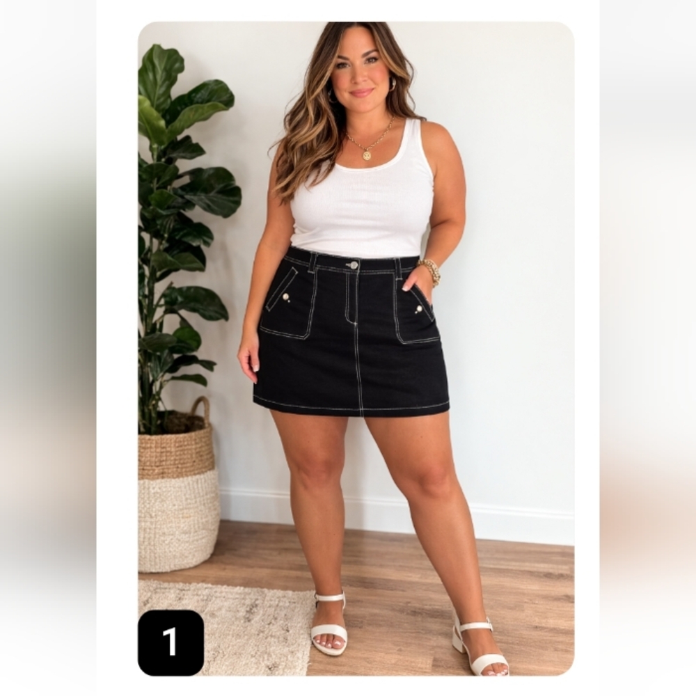 Karen Scott Black Skort Size 18 Contrast Stitch Mini Skort Cotton Stretch